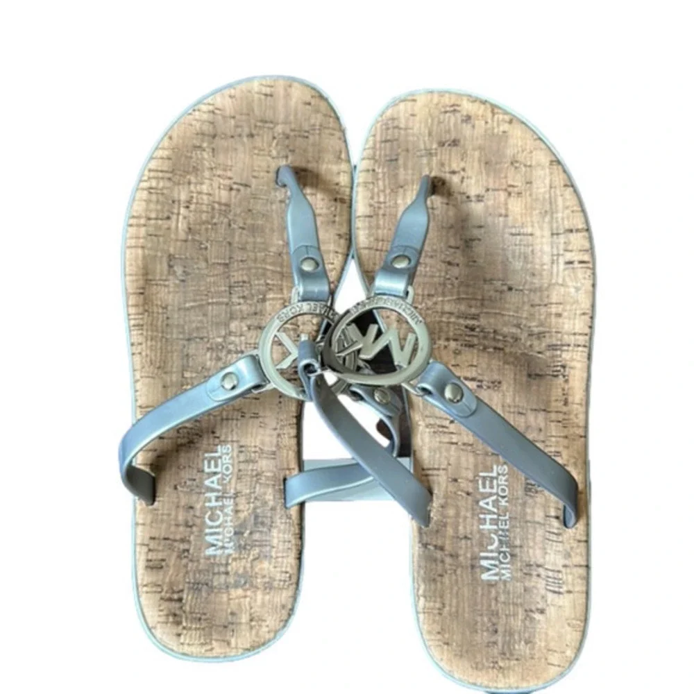 Michael Kors Rubber and Cork Flip Flops in Silver size 6